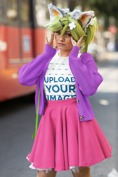 Bella Canvas T-Shirt Mockup of a Woman with Furry Ears and Green Hair