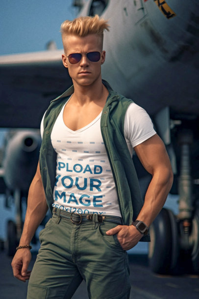 V-Neck T-Shirt Mockup of an AI-Generated Man Inspired by a Street Fighters Character m34953