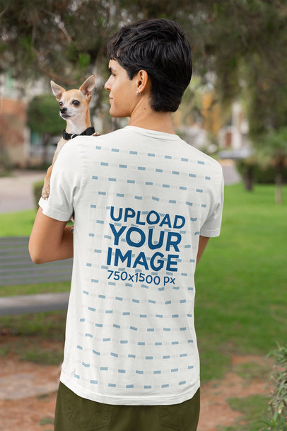 Back-View Bella Canvas T-Shirt Mockup Featuring a Man Holding a Chihuahua Dog