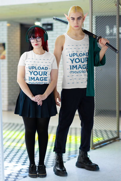 Bella Canvas T-Shirt and Tank Top Mockup Featuring a Woman and a Man With Cosplay Outfits