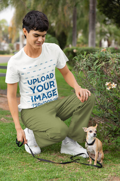Bella Canvas T-Shirt Mockup of a Man Walking His Little Dog