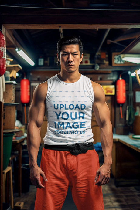 Sleeveless Shirt Mockup Featuring an AI-Generated Serious Man Inspired by Ryu
