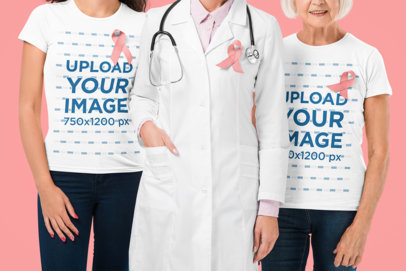 T-Shirt Mockup of Two Cropped-Face Women With Cancer Awareness Ribbons Posing With a Doctor
