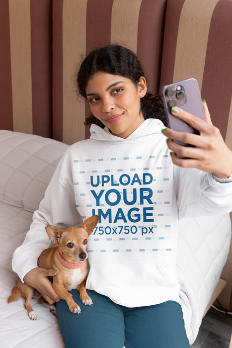 Gildan Hoodie Mockup of a Woman Taking a Selfie with Her Puppy