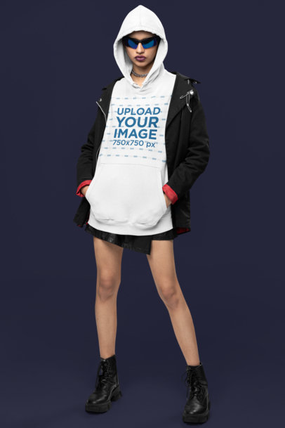 Mockup Featuring a Woman in an Oversized Pullover Hoodie for an Alternative-Inspired Look