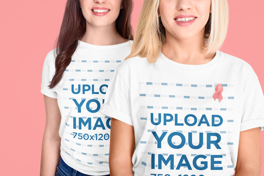 T-Shirt Mockup Featuring Two Cropped-Face Smiling Women With a Cancer Awareness Theme