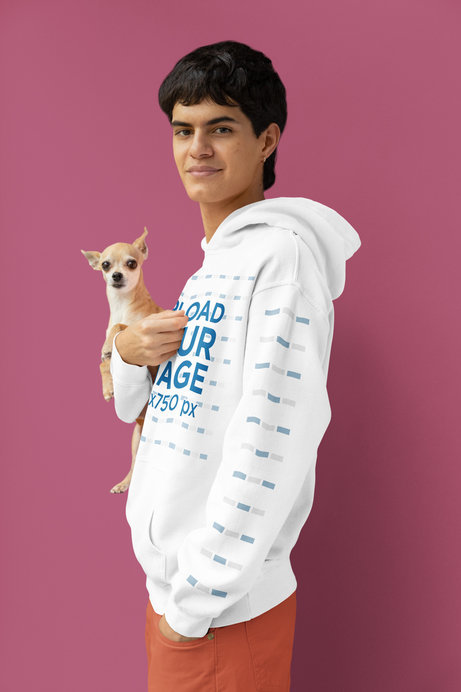 Gildan Hoodie Mockup Featuring a Smiling Man Holding a Little Dog