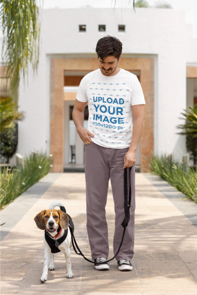 Bella Canvas Tee Mockup of a Man with a Mustache Ready to Take His Dog for a Walk m35227