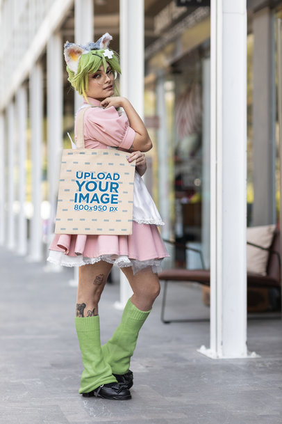Mockup of a Green-Haired Woman With a Cosplay Outfit Carrying a Tote Bag