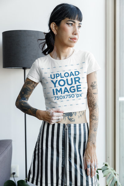 Bella Canvas Crop Top Mockup Featuring a Tattooed Woman With an Alternative Style