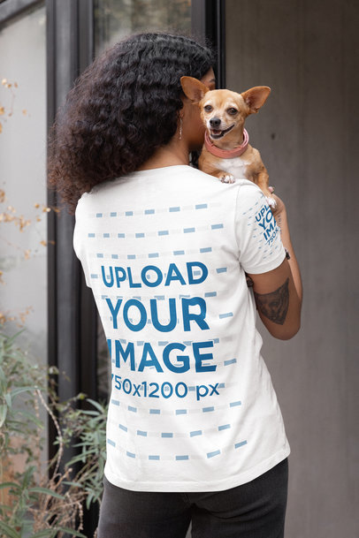 Back-View Bella Canvas T-Shirt Mockup Featuring a Woman Holding a Chihuahua Dog