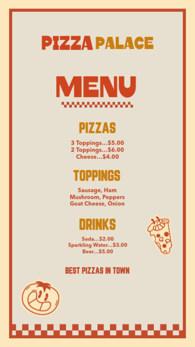 Menu Template With a Price List for a Pizza Restaurant