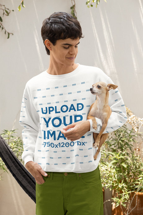 Gildan Sweatshirt Mockup of a Man Carrying His Chihuahua on His Arm