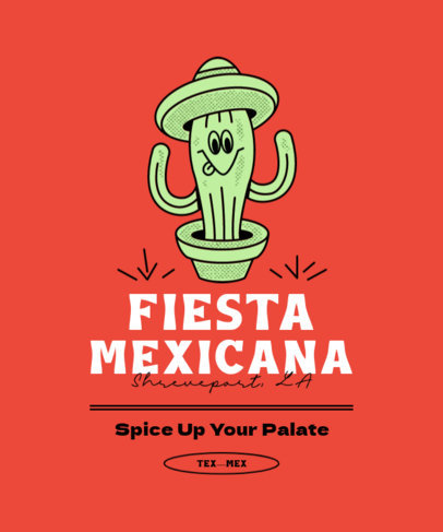 T-Shirt Design Template with a Smiling Cactus Cartoon for a Mexican Restaurant