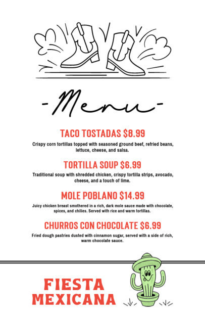 Menu Flyer Design Template with Cowboy Boots for a Mexican Restaurant