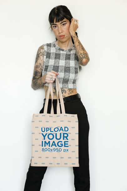 Mockup of an Alternative-Styled Woman With Tattoos Carrying a Tote Bag m31722