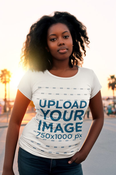 AI-Generated Mockup Featuring a Woman with Curly Hair Wearing a Round-Neck Tee
