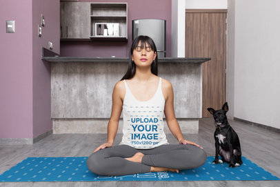 Bella Canvas Tank Top Mockup of a Woman Doing Yoga at Home with Her Dog