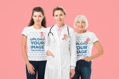 T-Shirt Mockup of Two Women Standing with a Female Doctor for Cancer Awareness Month