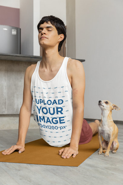 Bella Canvas Tank Top Mockup Featuring a Man Doing Yoga Next to His Puppy