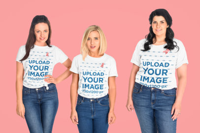 Round-Neck Tee Mockup of Three Women Wearing Ribbons for Cancer Awareness