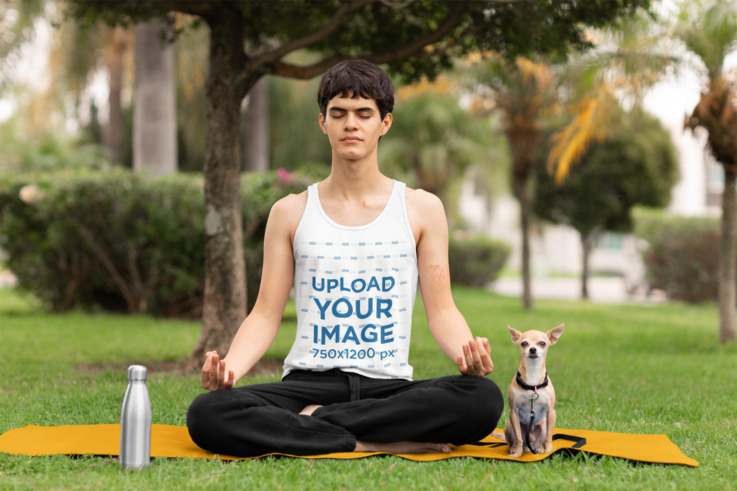 Bella Canvas Tank Top Mockup of a Man Doing Outdoor Yoga with His Puppy