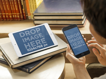 Mockup of Student Using iPad Mini and iPhone 6 in the Library