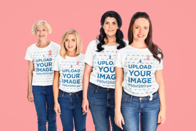 T-Shirt Mockup of Four Women Wearing Ribbons in Support of Breast Cancer Awareness