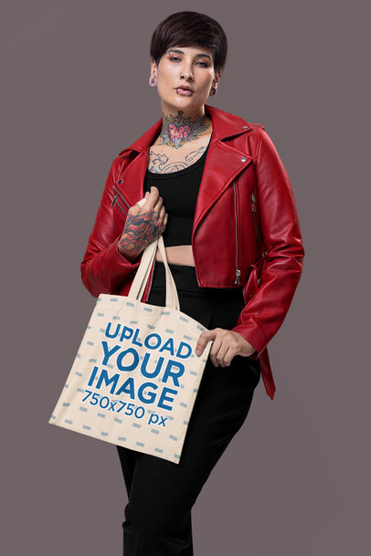 Alternative-Themed Mockup Featuring a Woman Carrying a Tote Bag