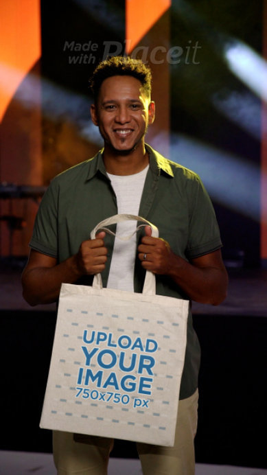 Video of a Joyful Man Carrying a Sublimated Tote Bag in a Christian Forum