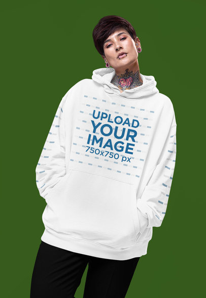 Mockup of a Woman with a Neck Tattoo Wearing an Oversized Pullover Hoodie
