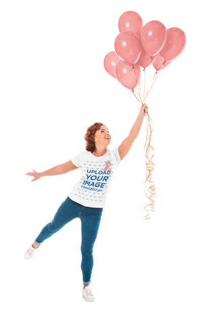 T-Shirt Mockup Featuring a Happy Woman Holding Some Balloons for a Cancer Awareness Campaign