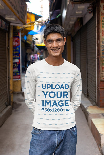 Long Sleeve T-Shirt Mockup of a Man Standing in an Alley