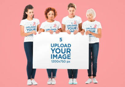 T-Shirt Mockup of Four Women Holding a Big Poster for Cancer Awareness