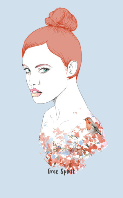 T-Shirt Template of Woman with Little Bird Design 3b