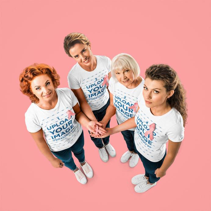 T-Shirt Mockup Featuring a Group of Women Posing for Breast Cancer Awareness Month