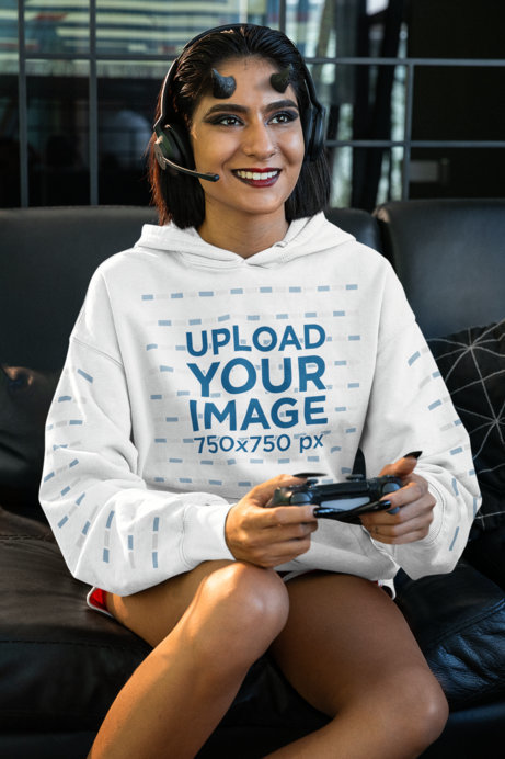 Halloween-Themed Hoodie Mockup of a Woman with Devil Horns Playing Video Games