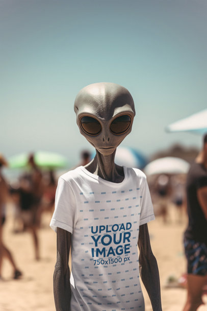 AI-Generated Mockup of an Alien Wearing a T-Shirt at the Beach