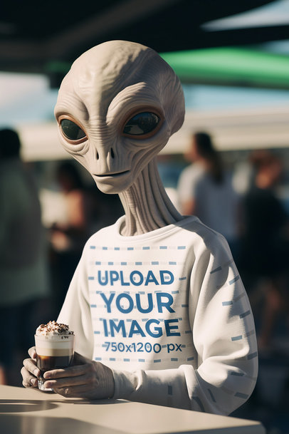 AI-Generated Mockup Featuring an Extraterrestrial Creature Wearing a Sweatshirt