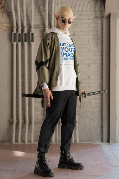 Gildan Hoodie Mockup of a Man with Elf Ears Carrying a Ninja Katana