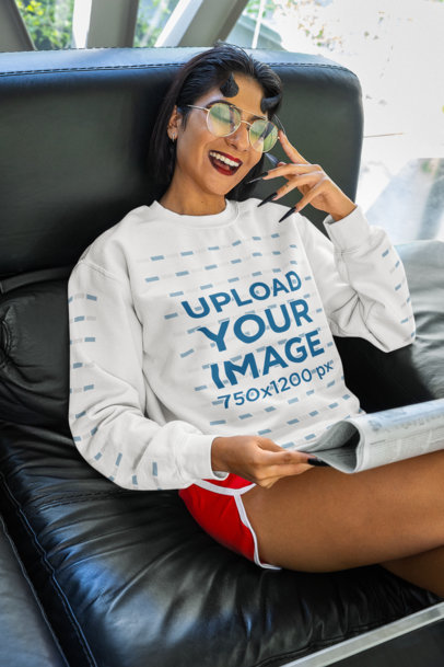 Halloween-Themed Gildan Sweatshirt Mockup of a Woman with Devil Horns