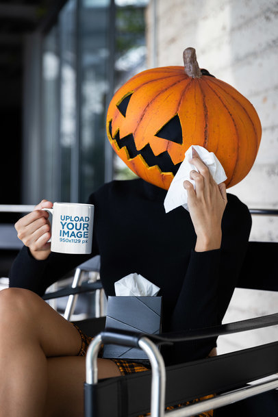 Halloween-Themed Mockup Featuring a Woman With a Pumpkin Head Holding a Coffee Mug