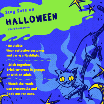 Instagram Post Template with a Cat Illustration Featuring Security Measures for Halloween Night 6068d