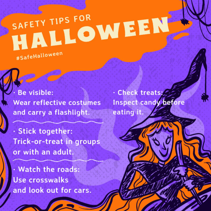 Instagram Post Creator Featuring an Illustrated Witch and Tips for Trick-or-Treating