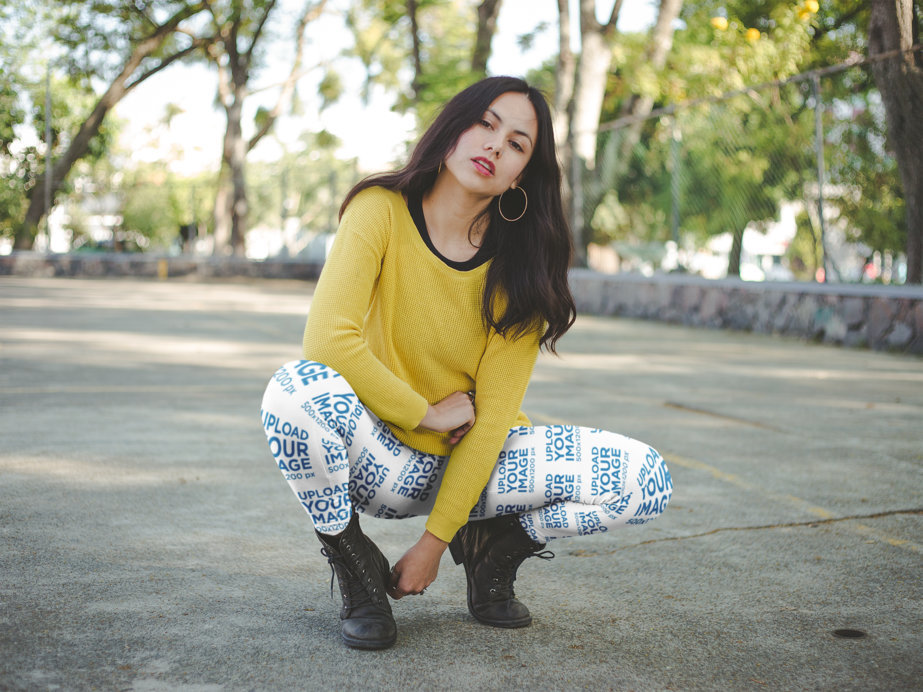 Women's Leggings Mockup of a Girl Crouching at a Parking Lot