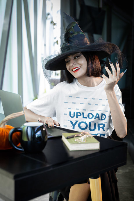 Stanley Stella T-Shirt Mockup of a Modern Witch Working From Home