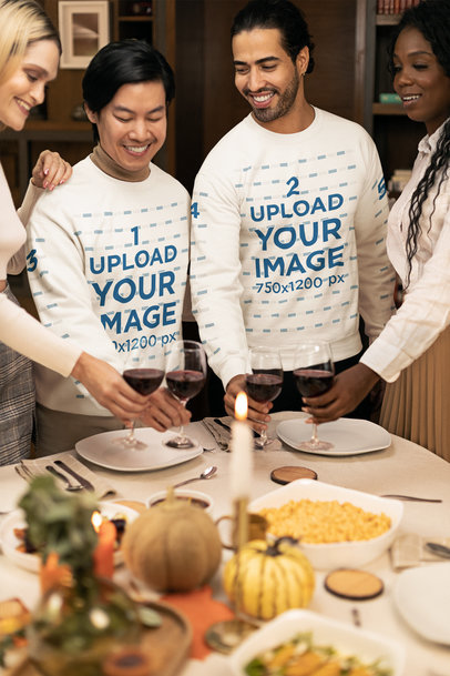 Gildan Sweatshirt Mockup Featuring a Group of Friends Celebrating Thanksgiving
