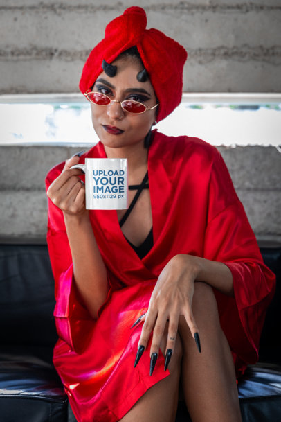 Halloween-Themed Mockup of a Woman with Devil Horns Holding a Coffee Mug