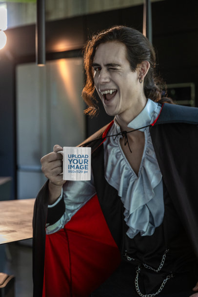 Halloween-Themed Mockup of a Man Dressed as a Vampire Holding an 11 oz Mug