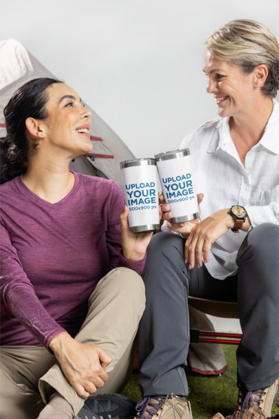 Mockup of a Mother and Daughter Clinking Their Travel Mugs